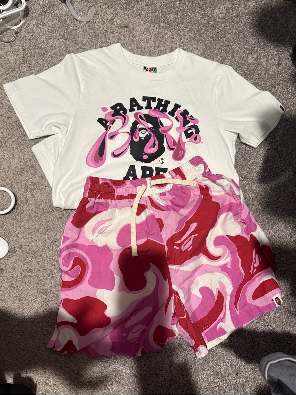 BAPE White Logo Tee & Pink Swirl Shorts Set